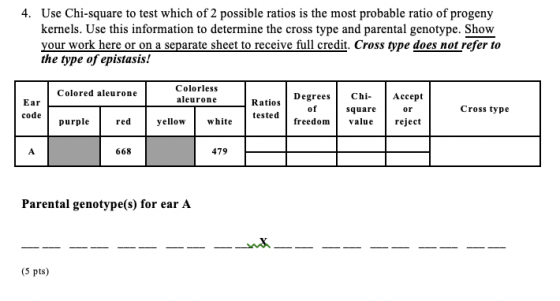 4. Use Chi-square to test which of 2 possible ratios is the most probable ratio of progeny kernels. Use this information to d