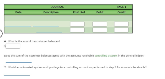JOURNAL Description PAGE 1 Credit Date Post. Ref. Debit 6. What is the sum of the customer balances? Does the sum of the cust