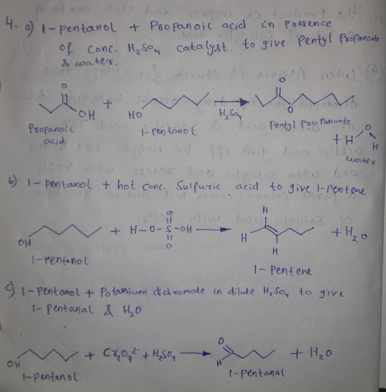 opanoate o 9.9) 1-pentanol & Propanoic acid in presence of conc. H₂SO4 catalyst to give Pentyr & water. 422) Rio A . i H Soy