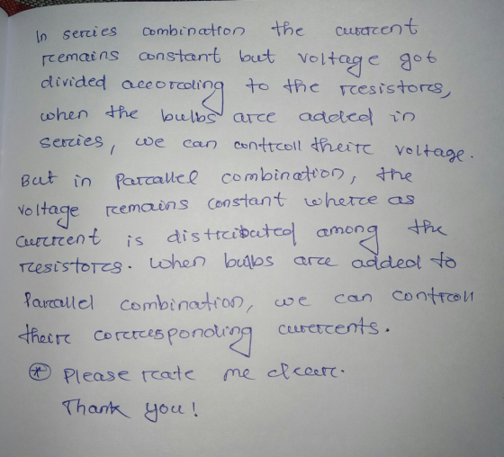 in series combination the curacent remains constant but voltage got divided accorceling to the resistors, when the bulbs atce