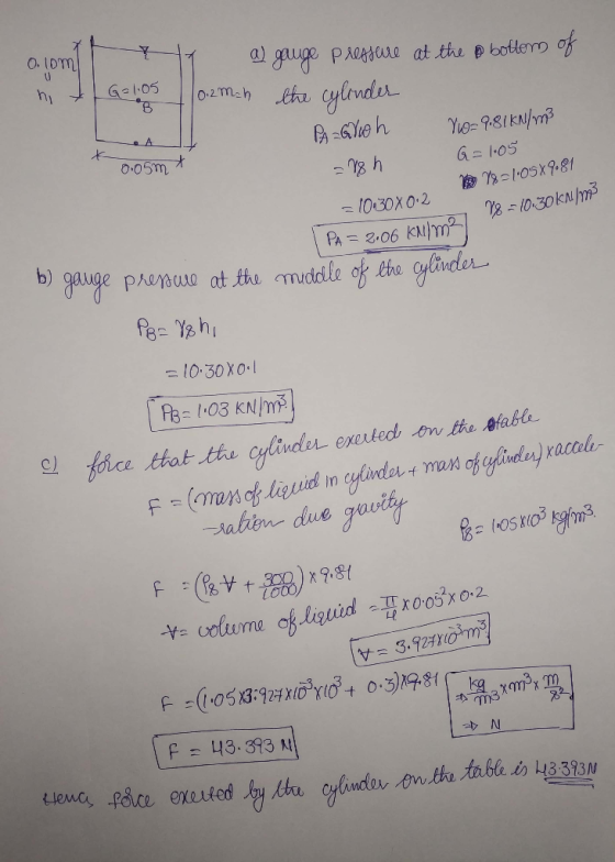 bottom of o. loml nit G-105 y al gauge pressure at the 0.2m.h the cylinder 61 Yo=9.81 kN/m² G= 1.05 0.osmt = V8 h = 10130X0.2
