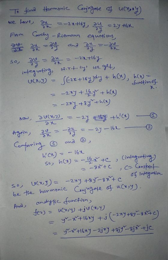 au an te an x. Now, To fina Harmonic Conjugate of unay) we have, = -2* Hoy, sy = 2y 462 From Cancy - Riemann equations, au 31