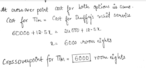 It cross over point cost for both options is same. Cost for Tim = cost for Duffys maid service 60000 +12.52 = 20000 + 18052