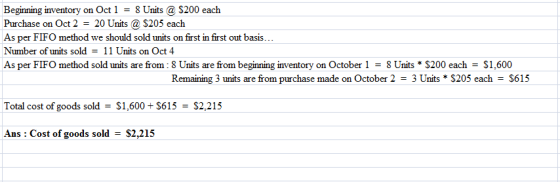 Beginning inventory on Oct 1 = 8 Units @ $200 each Purchase on Oct 2 = 20 Units @ $205 each As per FIFO method we should sold