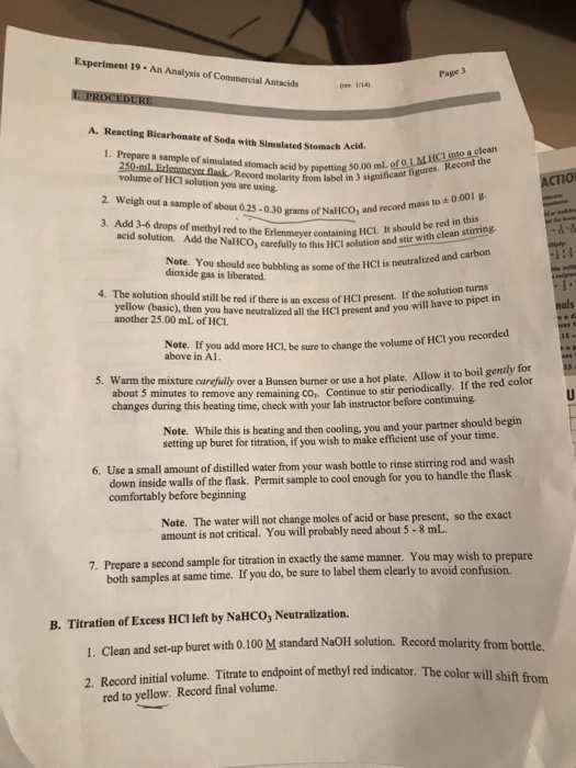 Experiment 19. An Analysis of Commercial Antacids Page 3 I PROCEDURE A. Reacting Bicarbonate of Soda with Simulated stomach A