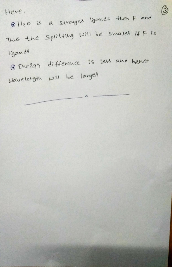 Here , ligands a stronges then F and 0 H₂O is Thus the splitting will be smalled iff is ligands O Energy difference Llaveleng