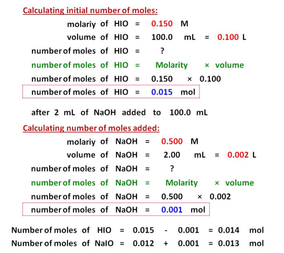 Calculating initial number of moles: molariy of HIO 0.150 M volume of HIO = 100.0 mL 0.100 L number of moles of HIO? number o