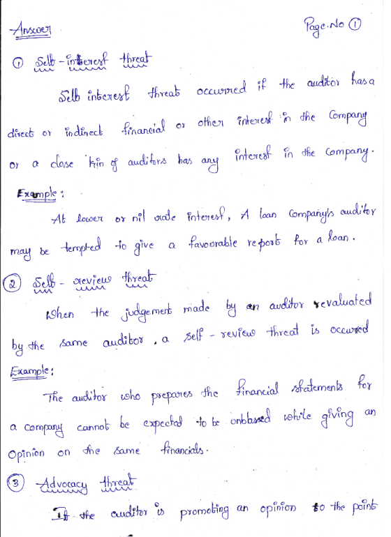 Anscoer Poge No O Selb - intbereyf threat Selb interest #hreat occumed if the auditor has a other înterest n dhe Company dive