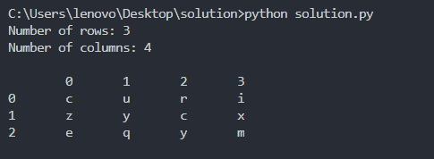 C:\Users\lenovo\Desktop solution>python solution.py Number of rows: 3 Number of columns: 4 1 2 3 i C u r Z с х 1 2 у a e у m