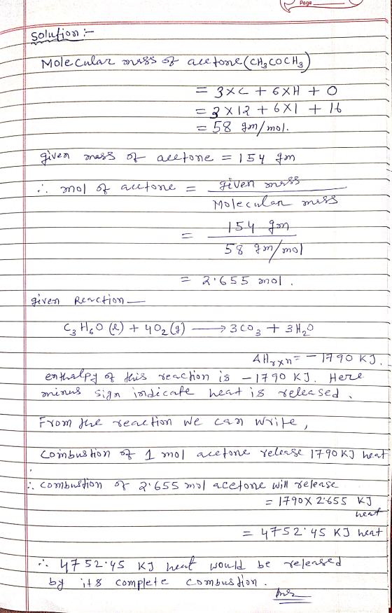 1 Page solutions - Molecular mess of acetone (CH₃COCH ₃ = 3XC + 6XH to =3x12 + 6 X1 + 1 = 58 gom, moli given mass of acetone