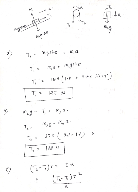 T, N о ta. Ti “ m.gsinge ma C+0 м, а T, - mg sino T, - m, at mig sino 16:5 ( 12 + 9-х ѕih 7° ) Ti T, - 187 N т, я – Т.: T, F