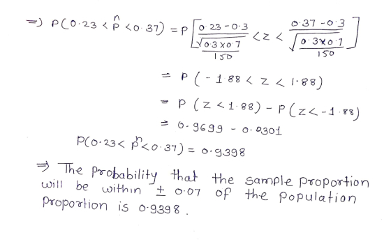 0.31 -о:3 =p10, 23-0.3 150 ブ-The probability that the sample proportion will be within + .רס of the Population Propotion is o 939 8