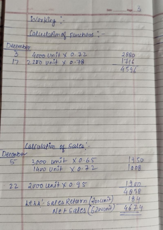 3 Working Coluulatim of purchase December 5 4000 Unit X 0.72 17 2200 unit x 0.78 2880 1716 4596 calculation of sales Decembe