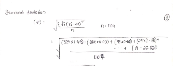Standard deviation (6) - Eficxi-l) n = 1104 (532 x 1.495)+(280X0.05) + ( 99 x0.60 + (27*3-1987 --.t (19-22.831) 11077