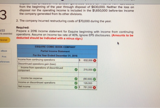 from the beginning of the year through disposal of $630,000. Neither the loss on disposal nor the operating income is included in the $1,650,000 before-tax income 3 the company generated from its other divisions. 2. The company incurred restructuring costs of $70,000 during the year 5/22 ts awarded Scored Required: Prepare a 2016 income statement for Esquire beginning with income from continuing operations. Assume an income tax rate of 40%. Ignore EPS disclosures. (Amounts to be deducted should be indicated with a minus sign.) ESQUIRE COMIC BOOK COMPANY Partial Income Statement For the Year Ended December 31, 2016 eBook Print Income from continuing operations Discontinued operations gain (loss): s 632,000 eferences Income from operations of discontinued 215,000 Income tax expense Income on discontinued operations Net income (86,000) 129.000 761,0003