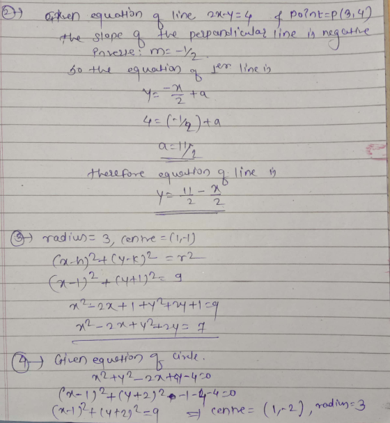 ofhien equation a line 2ury = 4 & point=P (3,4) the slope q the perp andicular line in negative Pnverse: m= /. So the equatio