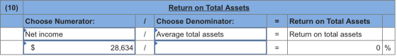 (10) Return on Total Assets Choose Denominator: Choose Numerator: = Return on Total Assets Net income Average total assets Re
