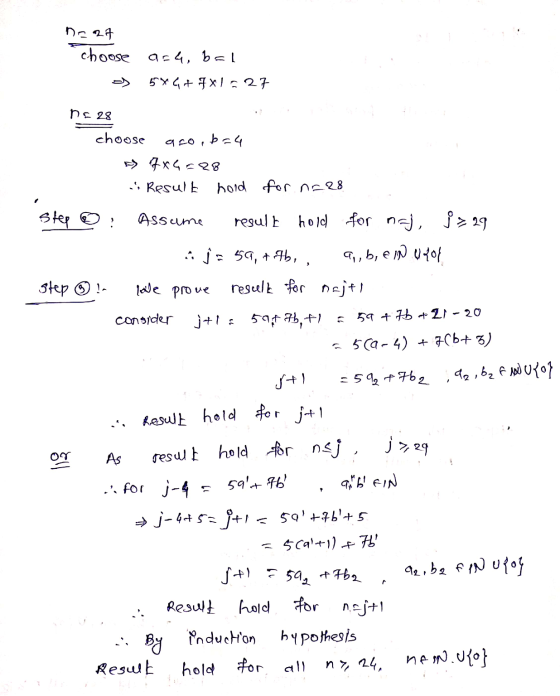 na af choose a-4, bal > 5* G * F*1527 na 28 choose aco, b=4 => 7x4=28 Result hold for. n.28 Step : Assume result hold for m