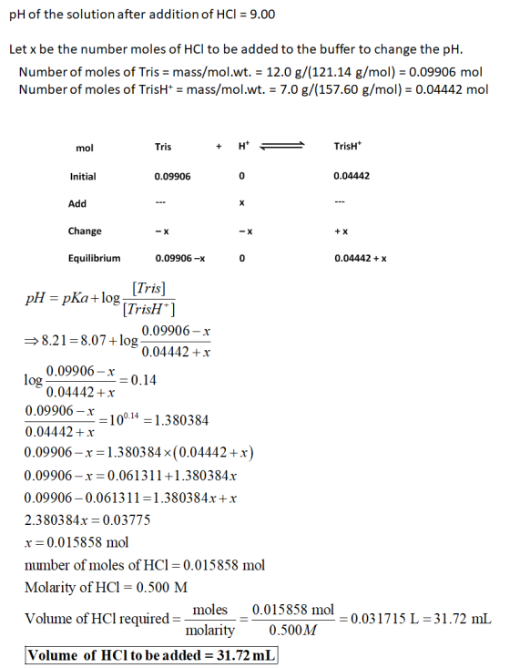 pH of the solution after addition of HCI = 9.00 Let x be the number moles of HCl to be added to the buffer to change the pH.