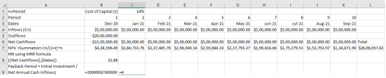 1 n=Period 2 Period 3 Dates 4 Inflows (Cn) 5 Outflows 6 Net Cashflows 7 NPV =Summation Cn/(1+r)^n IRR using XIRR formula 8 ([