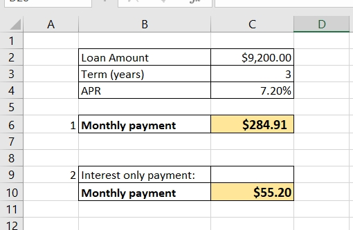 A В C D 1 Loan Amount Term (years) APR $9,200.00 2 3 4 7.20% 1 Monthly payment $284.91 6 7 8 2 Interest only payment: Monthly