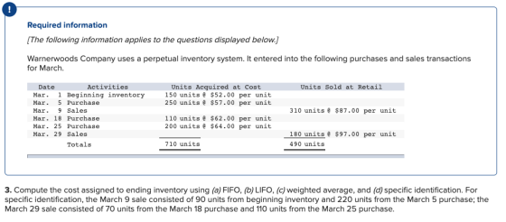 Required information [The following information applies to the questions displayed below.) Warnerwoods Company uses a perpetu