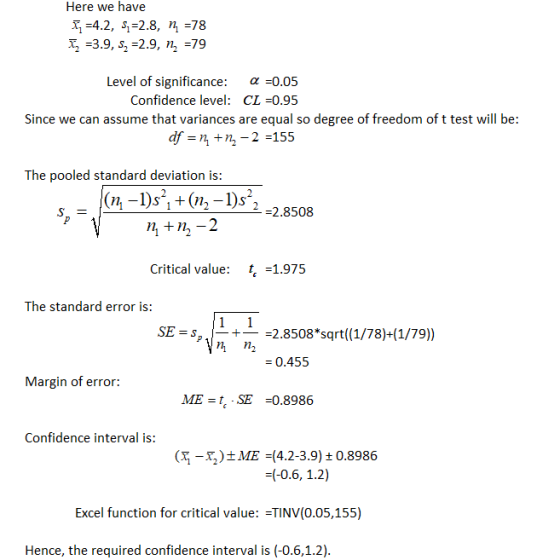 Here we have < =4.2, 51 =2.8, n =78 Iz =3.9, 5, -2.9, n =79 Level of significance: a =0.05 Confidence level: CL =0.95 Since w