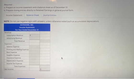 Required a. Prepare an income statement and a balance sheet as of December 31. b. Prepare closing entries directly to Retaine
