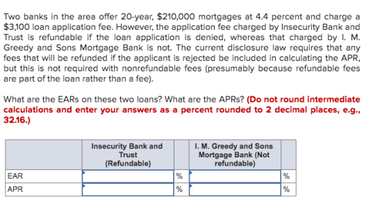 Two banks in the area offer 20-year, $210,000 mortgages at 4.4 percent and charge a $3,100 loan application fee. However, the