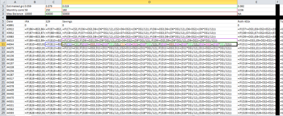 160 0.082 1156 NA Roth 401k 1 Estimated grc 0.059 0.079 0.019 2 Monthly contr 50 250 3 Max Balance 10000 40000 50000 4 5 Date