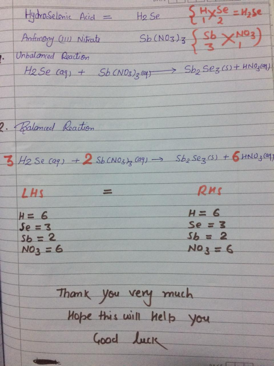 HydraSelenic Acid H2 Se ohney Qu Nikat Unbalomed Readhon H2 Se cag t Sh(NO3)3 Sba Sezcst HNoa) Sb CNO3)ga 2.Kalanad Readtien