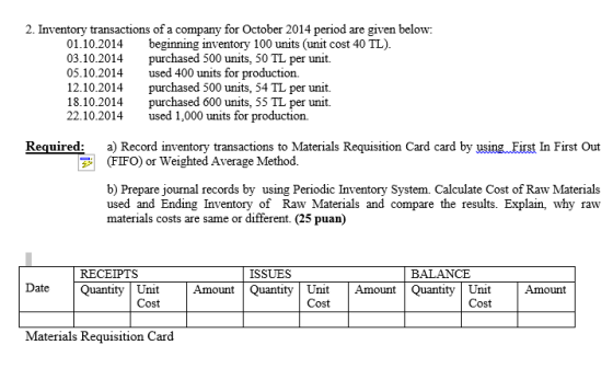 2. Inventory transactions of a company for October 2014 period are given below: 01.10.2014 beginning inventory 100 units (uni