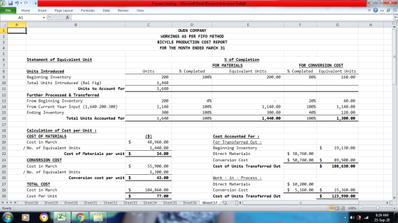 XI - Process Costing - Microsoft Excel (Product Activation Failed) File Home Insert Page Layout Formulas Data Review View V O