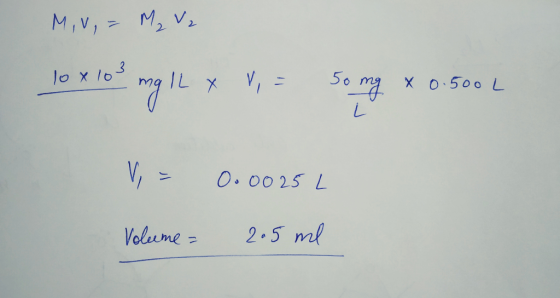 Miv, = M2 V2 10 x 103 mg lL x V, = Tox lo so my x 0.500 V = 0.0025 L Volume = 205 ml