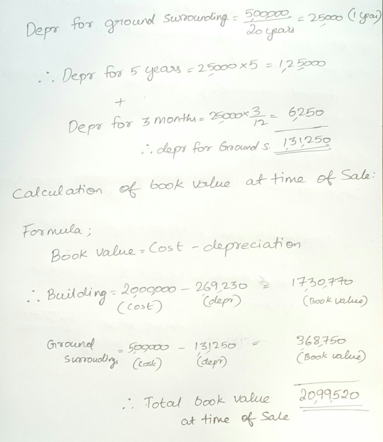 Depr for ground surrounding = 500000 = 25000 (1 year - 2 years .. Depr for 5 years = 25000x5 = 125000 + Depr for 3 months = 2