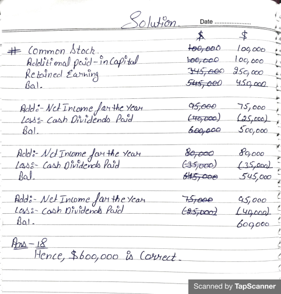Solution Date # Common stock. Additional peed-in capited Retained Earning $ $ too ooo 100,000 100,ooo 345,000 250,000 545000