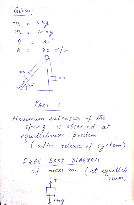 Given: 5kg 30 PART-1 Marimum ntension of he i observed at bun ds eguillibim positcon (ater release of system) DIAGRAM FREE B