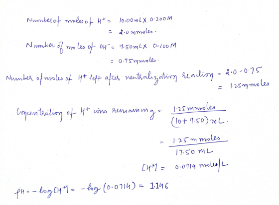 Numbes of moles of H+ = 10:00 ml x 0.2007 = 2.0mmoles. Number of moles of OH = 7.50 mix 0.100M = 0.75mmoles Number of moles o