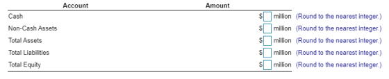 Account Amount Cash Non-Cash Assets Total Assets Total Liabilities Total Equity S s $ $ $ million (Round to the nearest integ