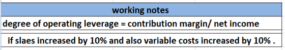 working notes degree of operating leverage = contribution margin/ net income if slaes increased by 10% and also variable cost