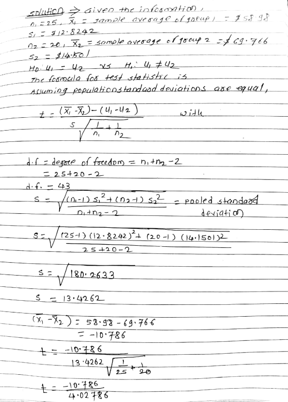 > solution > Given the information 0 = 25 x = sample average of gooup / - 858 98 Si = $12.8242 02:20, X2 = samle average of g