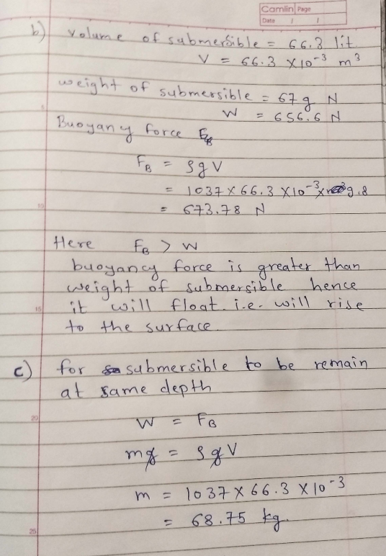 Carlin Page Date I volume of submersible = 66.3 lit V = 66.3 X 10-3 m3 weight of submersible = 67g N W = 656,6 N. Buoyancy fo