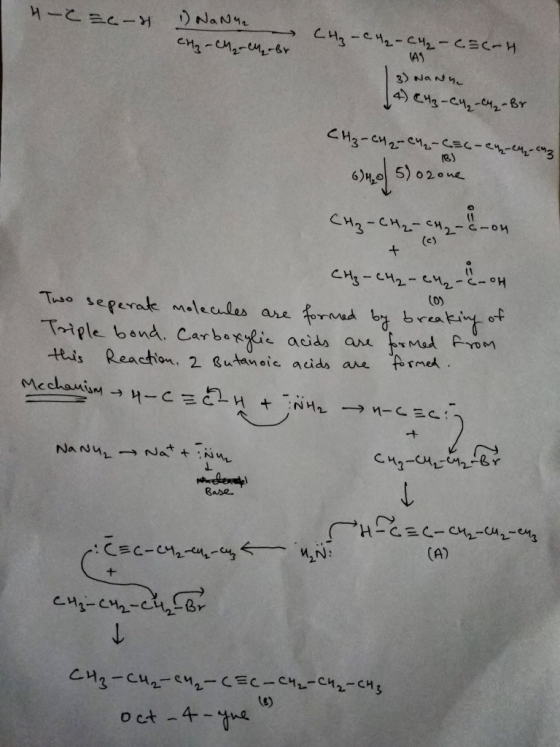 H-C=c-H 1) NaN. > CH₂-CM₂-M₂-Br 2-CH₂-CEC-4 3) WANY 4) CH3-C4, C4₂ Br CH₂ - CH2 - CH₂ - CSC-C + (es nel 5)ozone CH₂ - CH2 -