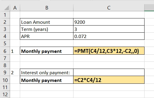 А В С 1 9200 2 Loan Amount Term (years) APR 3 0.072 4 ЕРМТ(С4/12,С3*12,-C2,0) Monthly payment 6 1 7 8 Interest only payment: