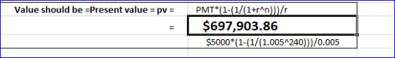 Value should be =Present value = pv = PMT*(1-(1/(1+r^n)}}/ $697,903.86 $5000*(1-(1/(1.005~240)))/0.005