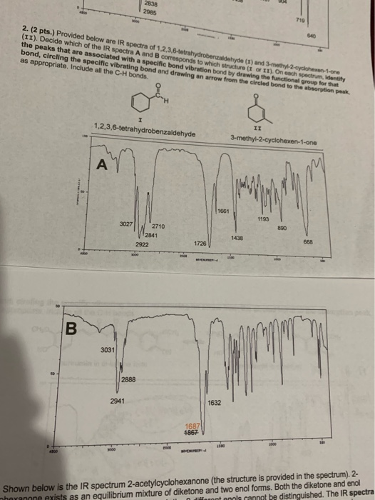 2985 719 540 2. (2 pts.) Provided below are IR spectra of 1,2,3,6-tetrahydrobenzaldehyde (I) and 3-methy-2-cdichosen tone (11