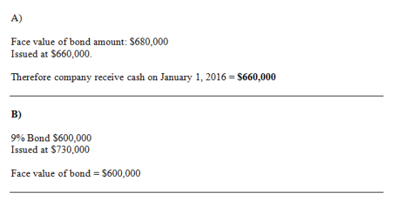 A) Face value of bond amount: $680,000 Issued at $660,000. Therefore company receive cash on January 1, 2016 = $660,000 9% Bo
