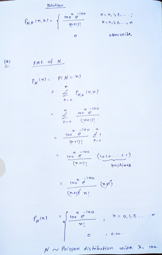 Solution s roomē 100 neo, 1, 2,...; k=0, 1, 2,...n Prvik (mk) - (141)! otherwise öll PMF of N Par(n)= P(N=ng NiK(n,K) R=o 100