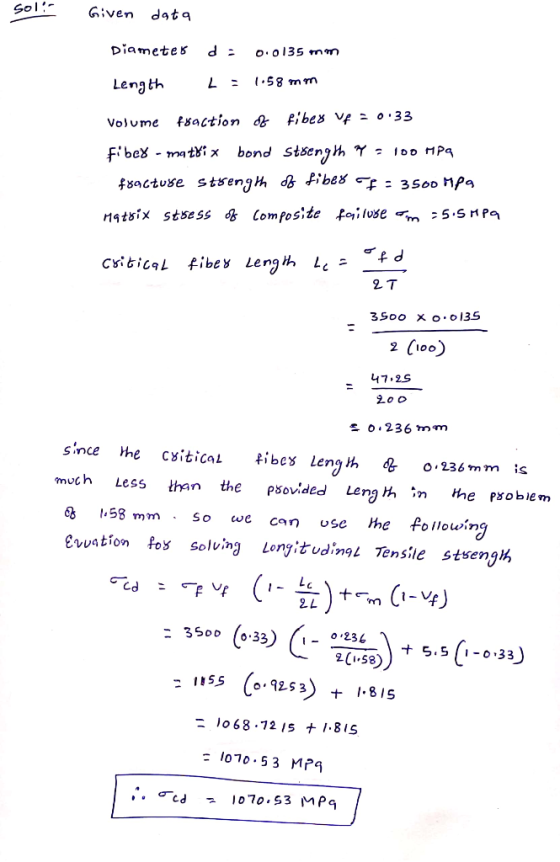 sol! - Given data Diameter da 0.0 135 mm Length 1.58 mm Volume fraction of fiber v=0.33 Fiber - matrix bond strength apa 100