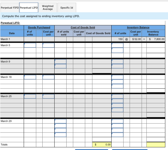 Perpetual FIFO Perpetual LIFO Weighted Average Specific Id Compute the cost assigned to ending inventory using LIFO. Perpetua